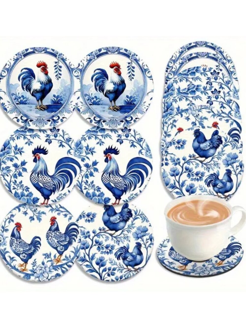 Wood Rooster Coasters in Blue & White Chinoiserie Style 6pcs Cottagecore - Picture 2 of 6